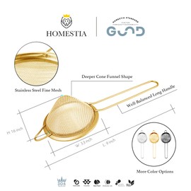 Homestia 3.3" Fine Mesh Strainer for Kitchen, 304 Stainless Steel, Cocktail Sieve, Food Sifters, Liquid Strainer Cup Strainer for Drinks, Tea, Coffee, Juice, Flour, Spice (Gold)