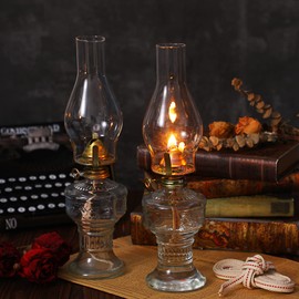 Yexiya 2 Pieces Rustic Oil Lamp Lantern Large Classic Kerosene Lamp Vintage Glass Kerosene Lamp Chamber Oil Lamps with 6.6 ft Extra Oil Lamp Wick for Indoor Use Home Decor Lighting (Classic)