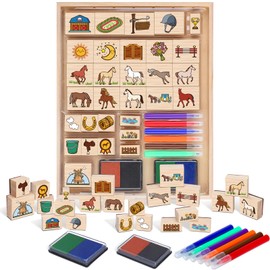 Honoson 38 Pcs Horses Stable Wooden Stamp Set Horses Stamp Wooden Rubber Steeds Crafts Gifts Spirit Ponies Toys with Stamps Markers Washable Seal for Birthday Gift Party Favor Carnival Prizes