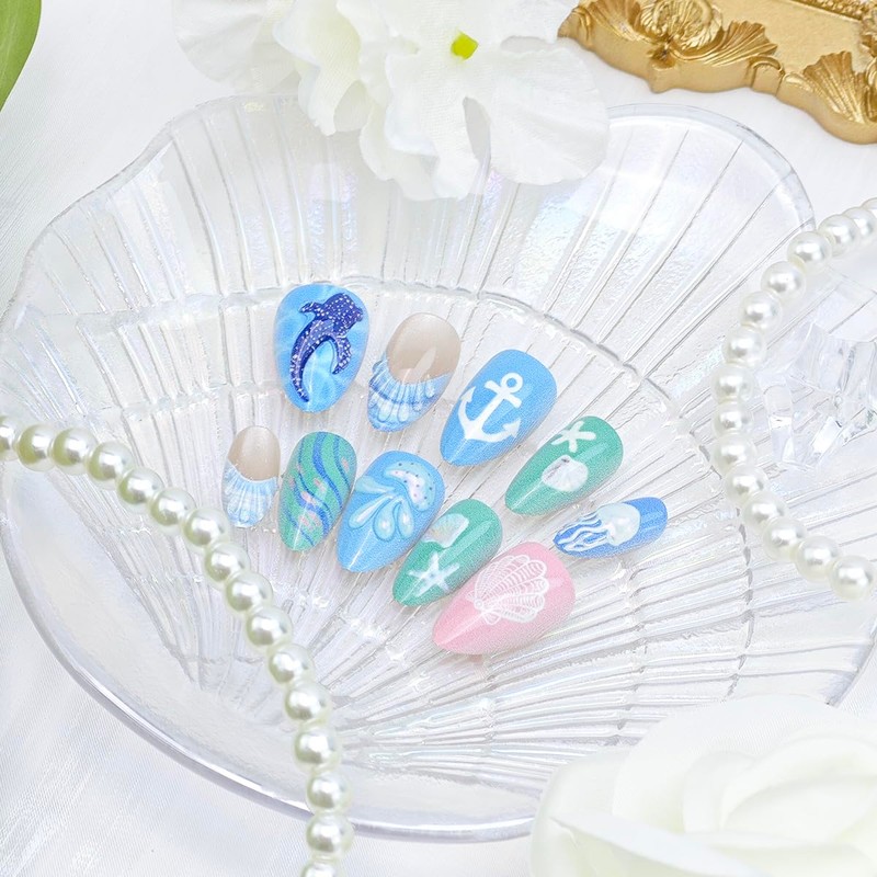 24Pcs Cute Summer Press on Nails Short Almond French Tip