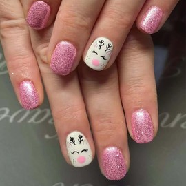 Christmas Press on Nails Short Square OFDNE Pink Fake Nails False Nails with Designs Cute Reindeer Glitter Full Cover Glossy Glue on Nails Xmas Acrylic Nails for Women Girls 24 Pcs