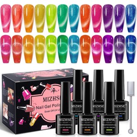MIZHSE Neon Cat Eye Gel Polish Kit with 3D Metal Stick - 12-Color Glitter Magnetic Gel Polish Set Red Yellow Green Hot Pink Purple - Bright Nail Art Manicure Gift for Women