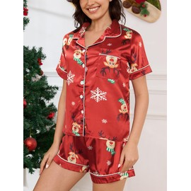 MyFav Womens Christmas Print Pyjamas Set Contrast Piping Satin Silk Button Down Top and Shorts Sleepwear Xmas Party Nightwear,Red Deer,L