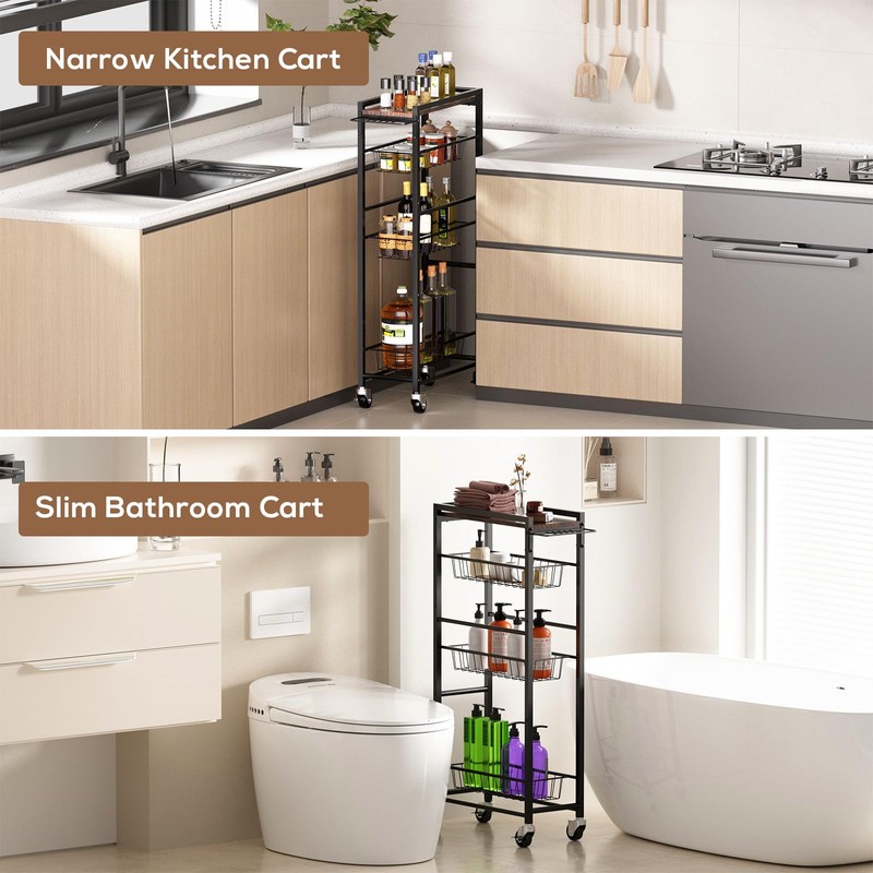 PAPAGIFTREE 4 Tier Slim Rolling Storage Cart with Pull-Out Baskets,