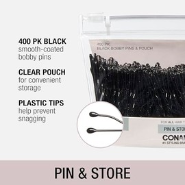Conair CONAIR Black Bobby Pins with storage 400pk - hair accessories for women - rubber tipped and nonslip - ideal with brown hair - comfortable hair pins - clear zipper pouch included