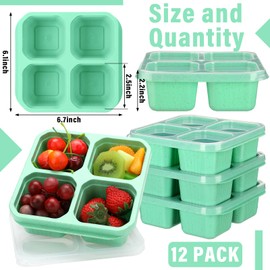 Ziliny 12 Pcs 4 Divided Compartments Snack Containers Bento Wheat Straw Snack Box with Lid Reusable Meal Prep Lunch Box Food Storage Containers for Adults Travel Work (Green)