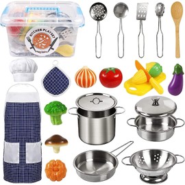 Efo Shm Children’s Kitchen Toy Accessories, Kitchen Cookware, Stainless Steel Pan Set, Apron, Chef’s Hat And Vegetables, Pretend Play Toy Set, Role Playing For Girls and Boys