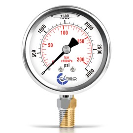 CARBO Instruments Stainless Steel Pressure Gauge Dual Display (0-3000 psi/kPa) - 2 1-2" Glycerine Liquid Filled Water Air Oil Gas Gauge with Polycarbonate Lens & Brass Connection -1/4" NPT Lower Mount