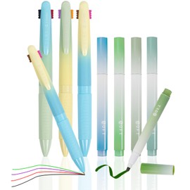 OT-NVWOZR Highlighter Pastel Set with Aesthetic Gel Pens, 4 Colours Highlighter Pen with 3 Multicoloured Ballpoint Pens, Marker Pens School Supplies for Bible, Journal, Office, Home (Green, 7)