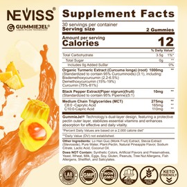 NEVISS Turmeric Gummies 1000mg w/MCT Oil C8 C10, Organic Antioxidant, Sugar Free Turmeric Curcumin Supplement + Black Pepper Extract Support Flexible & Comfort, Digestion, Energy, Ultra Absorption, 60 Counts