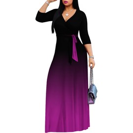 PinkPatty Women's Gradient Maxi Dress 3/4 Sleeves V Neck Cocktail Party Dress Belted Wrap Dresses（Gradients6 L）