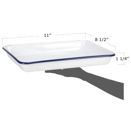 Red Co. 11" x 9" Enamelware Metal Classic 2 Quart Rectangular Serving Tray, Solid White/Navy Blue Rim