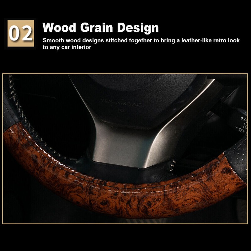 Xukey 38cm /15'' Car Steering Wheel Cover Wood Grain Black