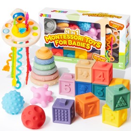 JOYIN Baby Toys - Montessori Toys for Babies 6-12 Months, Food-Grade Sensory Toys, Infant Stacking Circles Teether, Blocks, 3D Stress Balls, Pull String, Learning Gifts for Baby Girls Boys