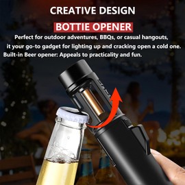 Torch Lighter, Camping Lighter with Beer Opener, Refillable Butane Gas Windproof Jet Flame Lightsaber, Red/Blue Flame with Safety Lock for Outdoor, Campfires, Camping, BBQ, Candles, Baking, Gift