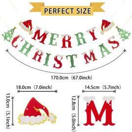 Glitter Merry Christmas Banner with Christmas Tree Santa Hat Garland Banner for Christmas Theme Party New Year Holiday Sign Home Office Decorations Supplies