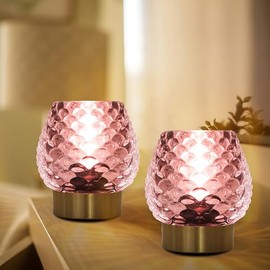 Ecleng 2 Pack Small Battery Operated Lamp with Timer,Cordless Glass Battery Powered Lamp with LED Bulb for Small Spaces,Decorative for Bedroom/Bathroom/Kitchen/Dining/Living Room,Pink