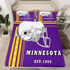 Erosebridal American Football City Sheet Set Football Gifts for Boys Kids Full Sheets, Sports Team Style Bed Sheets Set for Teen Girls Football Helmet Bedding Set, Purple Yellow White (Minnesota)