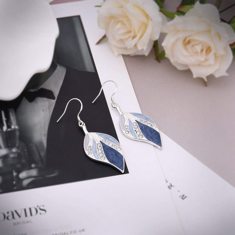 Vurotry Leaf-Shaped Dangle Earrings, Enamel and Crystal Accents, 2.16 inch