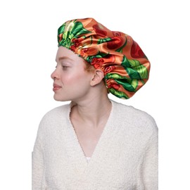 Ecoslay Reversible Satin Hair Bonnet, Strawberry and Orange Print Design, Large (Strawberry)