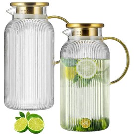 Buaic 2 PACK Glass Pitcher with Lid, 68 oz/ 2 Liter Classic Vertical Stripes Water Pitcher with Yellow Handle,Glass Water Carafe for Cold Brew, Coffee, Lemonade, Iced Sun Tea,Beverage,Heat Resistant
