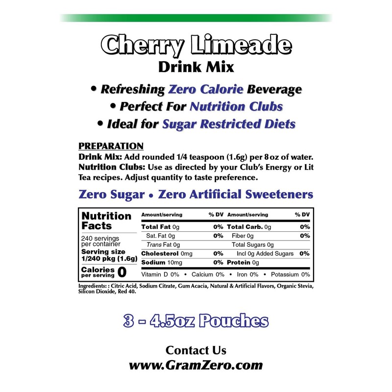 GramZero Cherry Limeade Zero Calorie Sugar Free Drink Mix, Great