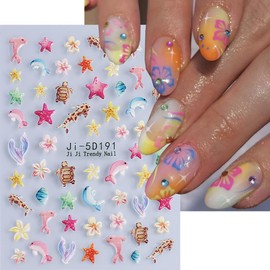 5D Embossed Ocean Nail Stickers Self-Adhesive Summer Nail Art Stickers Mermaid Dolphin Starfish Flower Designs Beach Nail Art Supplies Marine Life Nail Decals for Women Girls Acrylic Nail Decorations