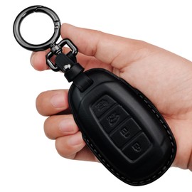 Tukellen Genuine Leather Key Fob Cover Smart Key Holder Sleeve Fit for 2020-2022 Hyundai Palisade Elantra GT Accent Kona Santa Fe Veloster (Black, 4 Button)