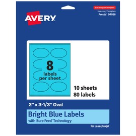 Avery Printable Oval Labels with Sure Feed Technology, 2" x 3-1/3", Bright Blue Labels, Print-to-The-Edge, Laser/Inkjet, 80 Total, Great for Soap Labels and Candle Labels
