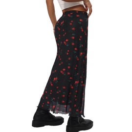 Avanova Women Cute Cherry Mesh Midi Skirt High Waist Lettuce Trim A Line Skirt Cherry Black Small