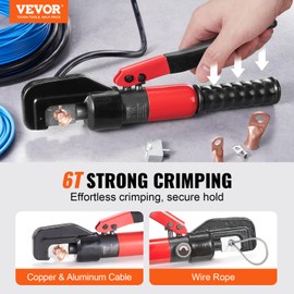 VEVOR Crimping Tool, AWG12-2/0 Copper And Aluminum Terminal Battery Lug Hydraulic Crimper, with a Cutting Pliers, Gloves, 10pcs Copper Ring Connectors, 8 x Heat Shrink Sleeves and a Blow Moulded Case