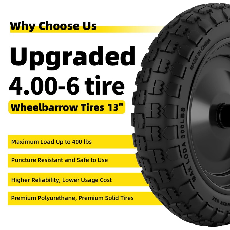 RONPOW 13" 4.00-6 Wheelbarrow Tire and Wheel, 4.00-6 Solid Tire