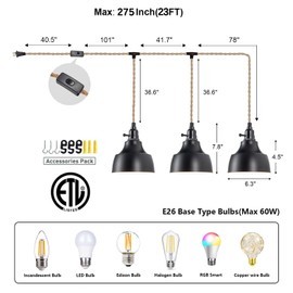 ALAISLYC 3 Light Plug in Pendant Light Cord 22FT Industrial Farmhouse Hanging Lamp with Twisted Hemp Rope Independent Triple Switch Hanging Light Chandelier for Dining Room Kitchen Black Finish