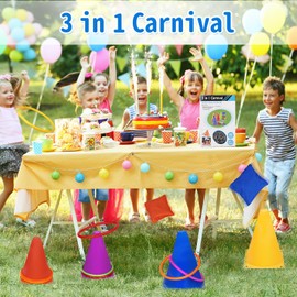 Win SPORTS 3 in 1 Carnival Outdoor Games Combo Set, Soft Plastic Cones Cornhole Bean Bags Ring Toss Games,for Kids Adults Indoor Outdoor Birthday Party Lawn Games Supplies (26 Pieces