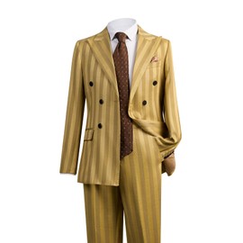 Men's Suits 2-Piece Set Double Breasted Peak Lapel Striped Tuxedo Jacket & Pants for Wedding, Prom, Business (Yellow,X-Large)