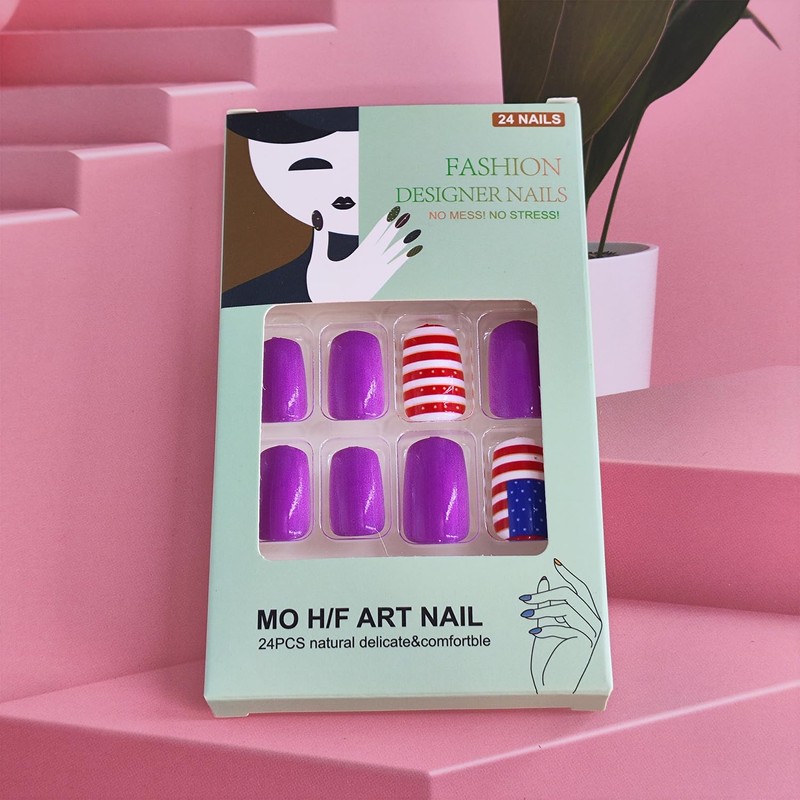 4th of July Press on Nails Short Square Purple Fake