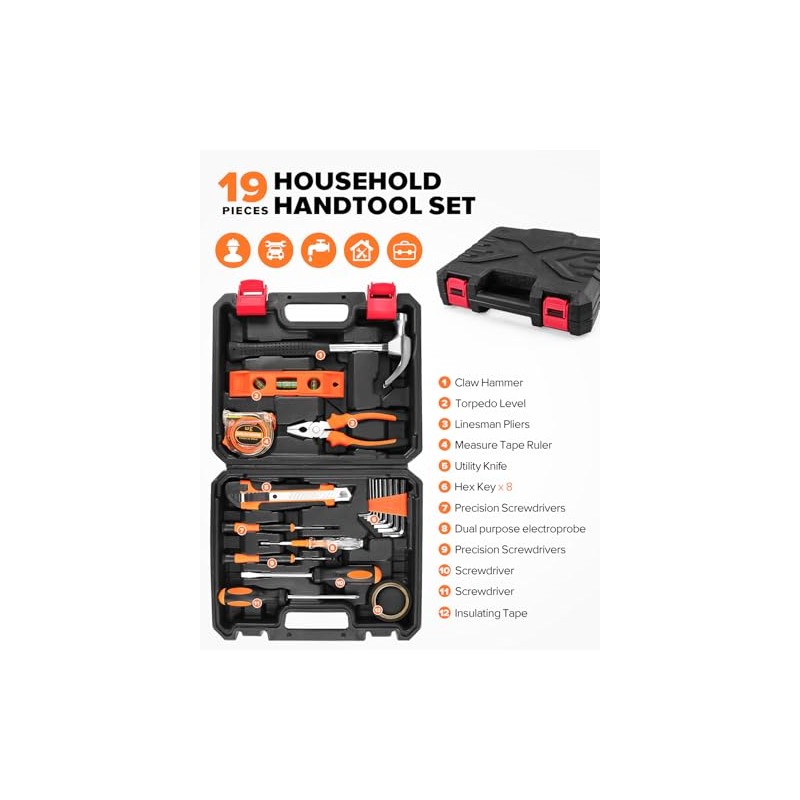 19pcs Household DIY Tool Set, Basic Tools for Home, Office,
