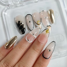 Handmade Press on Nails Almond Medium 3D French Tip Thick Acrylic Fake Nails False Nails with Moon Stars Rhinestones Gold Curve Line Designs Black&White Sturdy Nail Art Press on Nails 10Pcs(S)