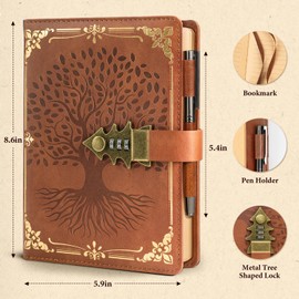 WEMATE Lock Journal with Pen & Gift Box, A5 260 Pages, Refillable, Hardcover Leather Password Notebook for Writing, Lock Diary for Women, Girls, Men, Students,8.6 in x 5.8 in, Brown