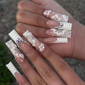 24pcs Extra Long Square False Nails French White Tip Stick on Nails Rhinestone Flower Press on Nails Removable Glue-on Nails Full Cover Fake Nails Women Brides Nail Art Accessories