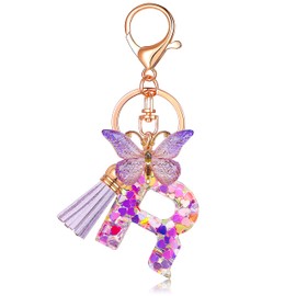 JINGUAZI Initial letter Keychains for Women Tassel Butterfly Pink Purple Cute Car Keychain for Wallet Backpack bag charm, R-purple, Keychains