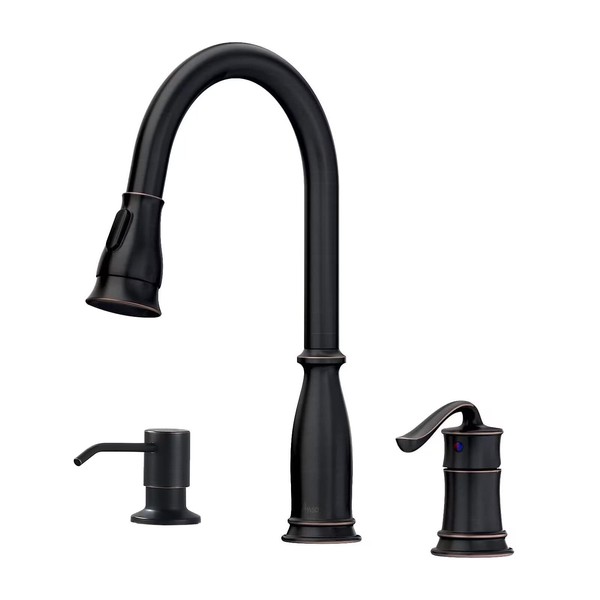 APPASO 3 Hole Pull Down Kitchen Faucet with Sprayer Oil Rubbed Bronze, 3 Pieces Pull Out Kitchen Sink Faucet with Side Single Handle with Soap Dispenser, Antique Bronze, APS218ORB
