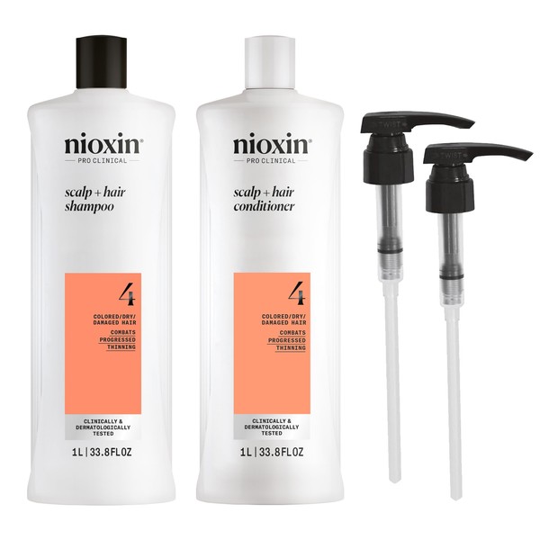 Nioxin System 4 Shampoo & Conditioner Prepack, Color Treated Hair with Progressed Thinning, Pumps Included, 33.8 fl oz