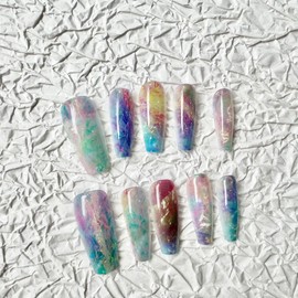 Galaxy-Inspired Colorful Marble Aurora Press On Nails Fake Nails Long Coffin Shape with Adhesive Tabs & Essential Application Tools (Assorted, XS)