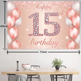 Happy 15th Birthday Rose Gold Banner Cheers to 15 Years Old Backdrop Confetti Balloons Theme Decor for Girls 15 Years Old Pink Birthday Party Decorations Bday Supplies Background Favors Gift Glitter
