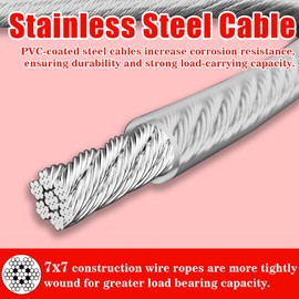 VIVBOO Stainless Steel Cable & Wire Rope 3/16" Vinyl Coated Steel Cable 50ft/100ft/150ft/200ft Length Ideal String Light Cable