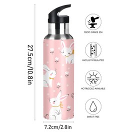 Cute Floral Bunny Kids Water Bottle Thermos with Straw Rabbit Animals School Vacuum Insulated Stainless Steel Thermos Bottle Cup Leakproof Sport Travel Cup Mug Handle for Girls Women Biking 20 OZ