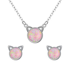 EVER FAITH 925 Sterling Silver Cute Cat Earrings Necklace Hypoallergenic Pink Opal Cat Animal Jewelry Set for Women Teens