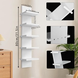 Hlimior 5 Tier Wall Shelf Unit - Lack Floating Shelf White，2 Pack - Narrow Smooth Laminate Finish - Vertical Column Wall Decor Mount Floating Storage Home Decor Organizer Tall Tower Utility Shelf