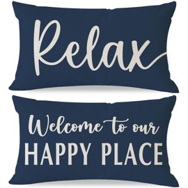 HERHOME Welcome to Our Happy Place Relax Decorative Throw Pillow Covers 12x20 Set of 2 Navy Blue Outdoor Rustic Farmhouse Porch Decor Lumbar Cushion Case Decoration for Home Sofa Couch Living Room